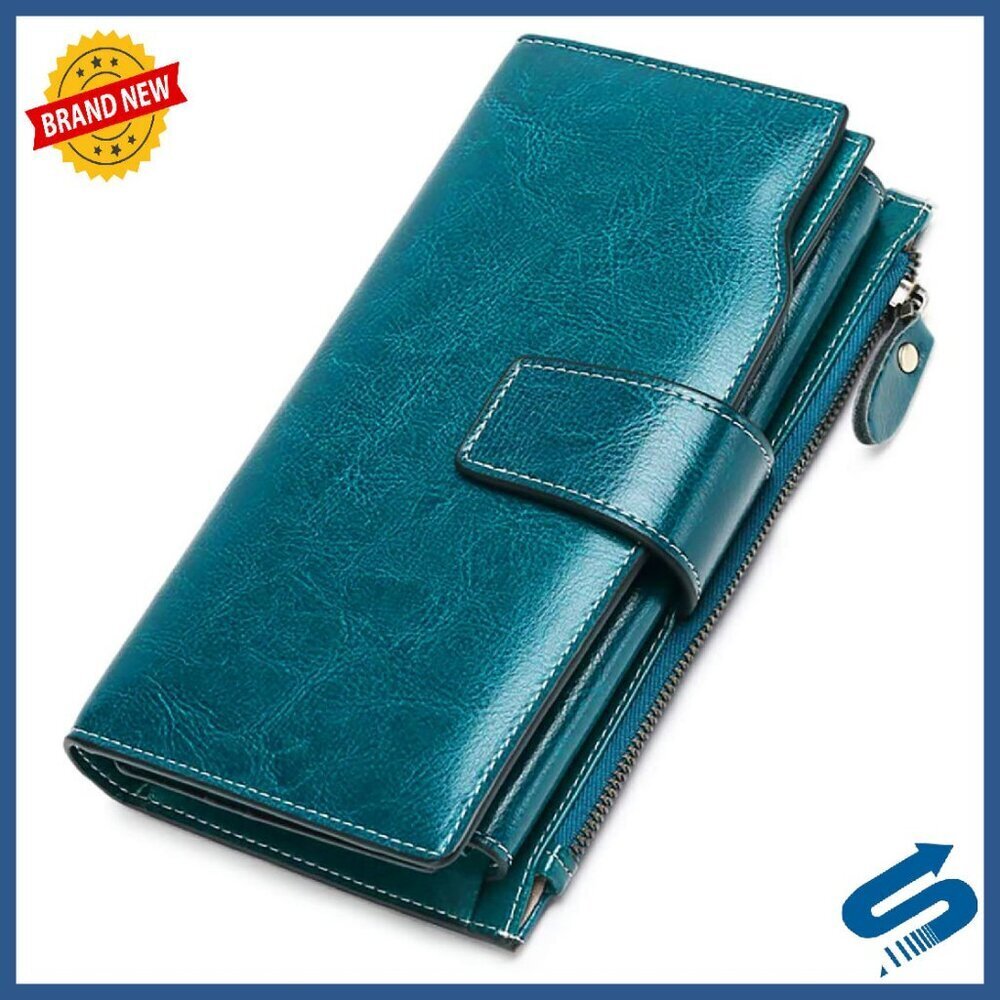 Leather RFID Blocking Clutch Wallet with Zipper Pocket & 17 Card Slots